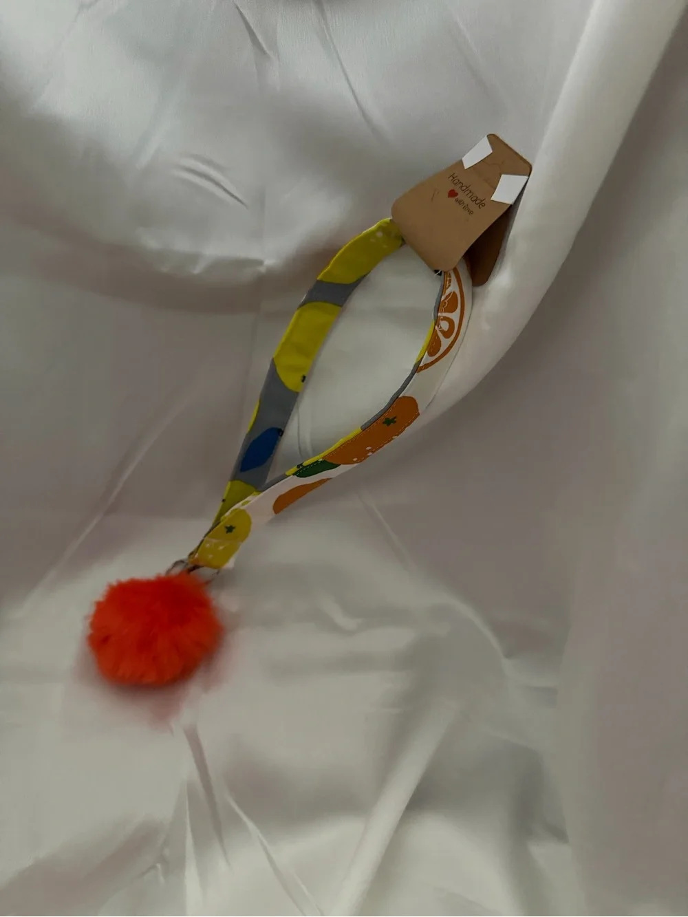 Handmade Orange and Lemon Pattern Wristlet Keychain with Orange Pompom